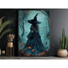 Dark witch in a long cloak stands in a misty forest, surrounded by orange flowers and dark foliage.