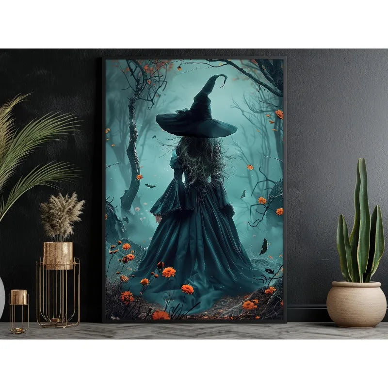 Dark witch in a long cloak stands in a misty forest, surrounded by orange flowers and dark foliage.