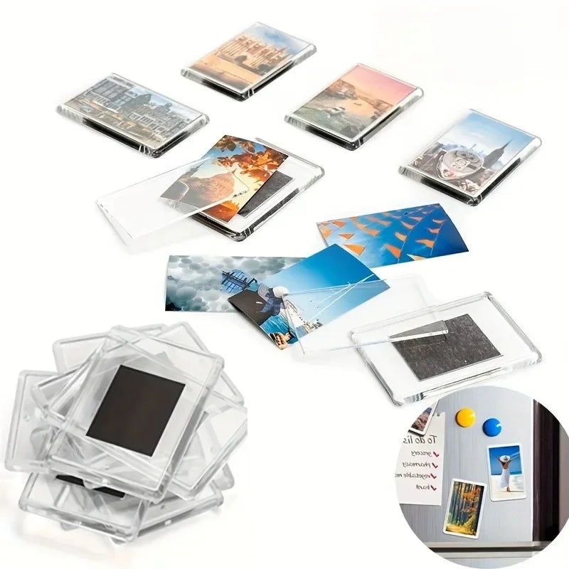 A collection of square photo frame magnets displayed on a white background.