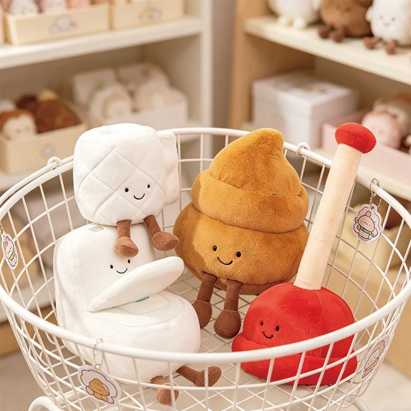 A white plush toy shaped like a toilet paper roll with a plunger attached, sitting in a wire basket.