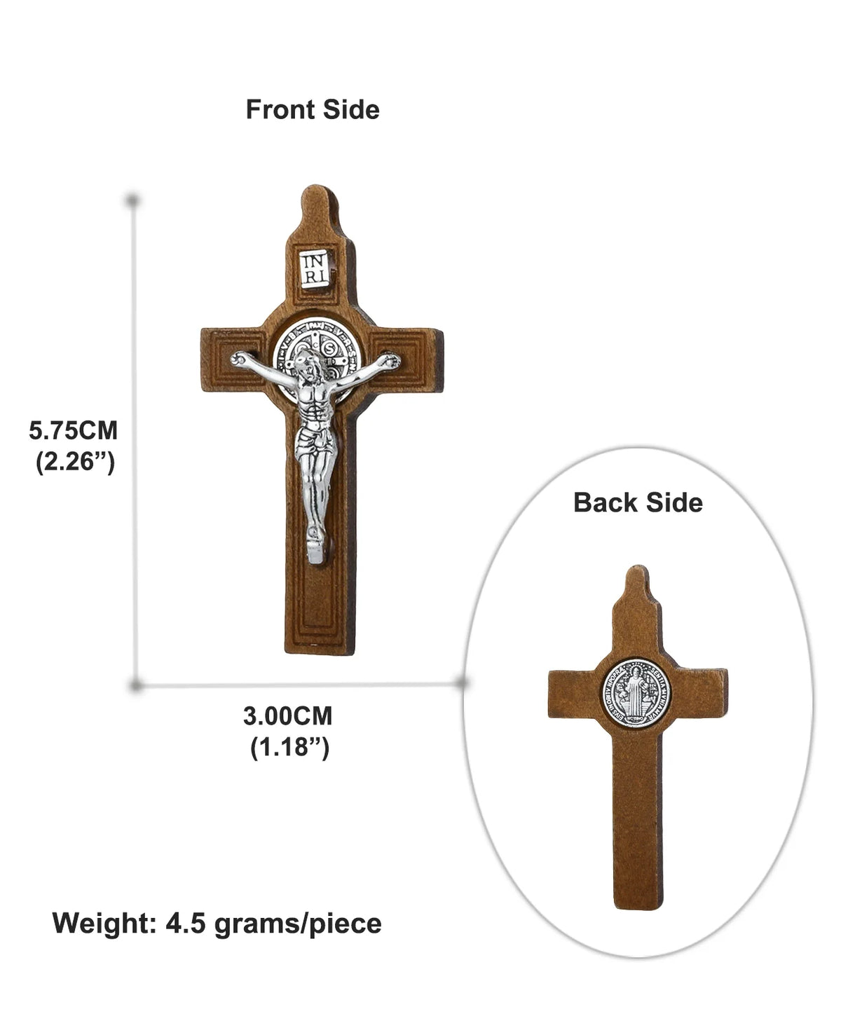 Front and back views of a wooden St. Benedict crucifix pendant with an engraved figure.
