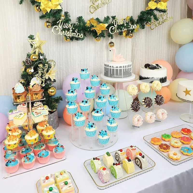 A tiered display rack holding numerous colorful cupcakes decorated with various toppings and presented on a white table.