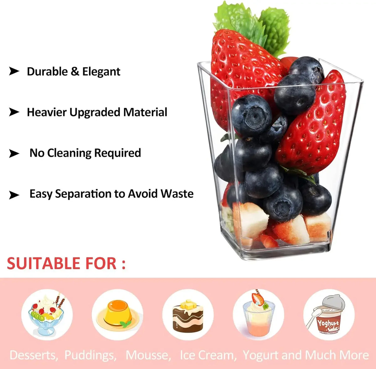 A clear glass cup filled with fresh strawberries and blueberries, suitable for desserts.
