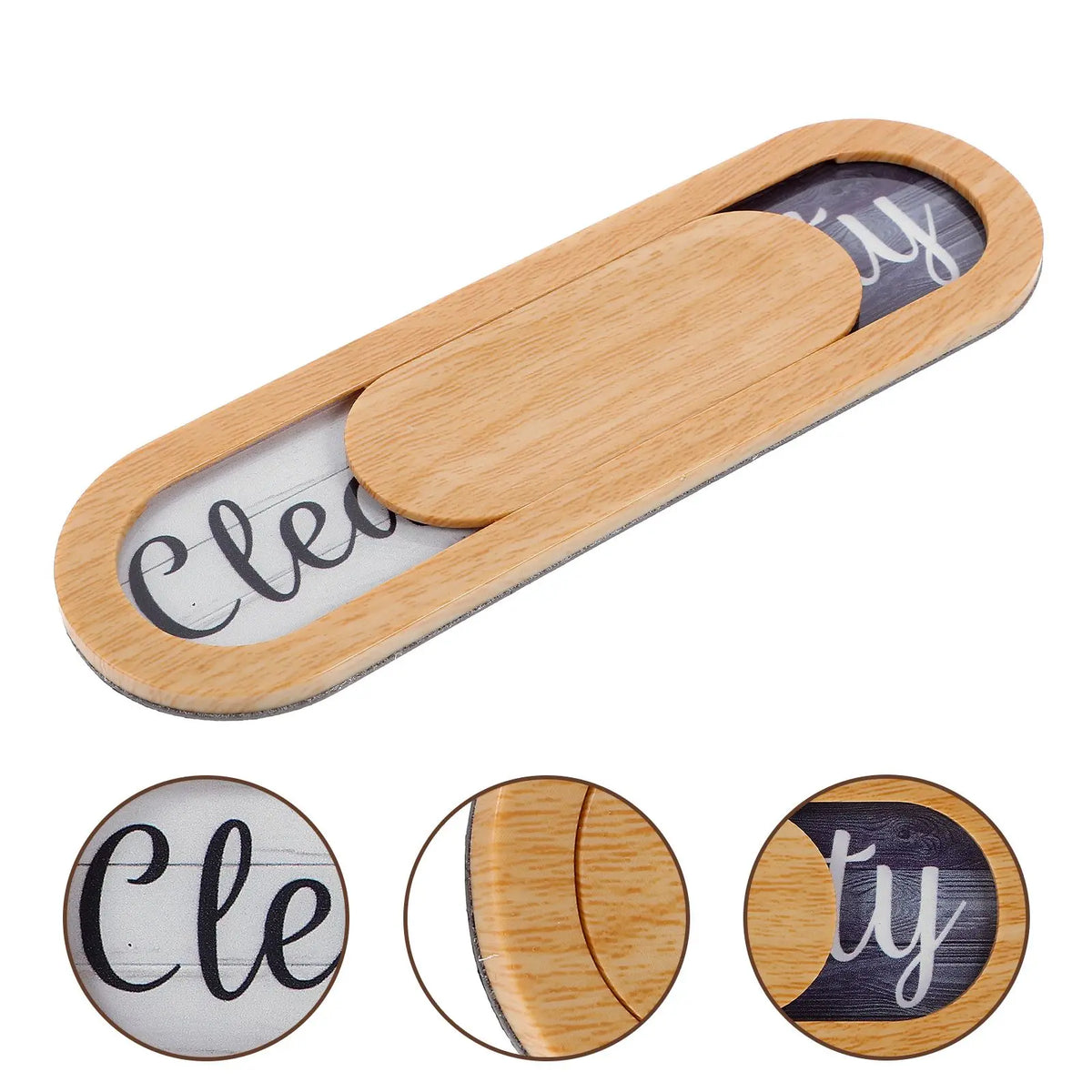 A wooden indicator magnet used to show clean or dirty dishes in a dishwasher.