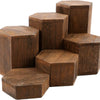 A stack of dark brown wooden hexagonal display racks for jewelry and accessories.