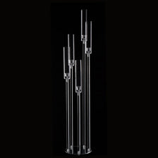 Tall 5-arm acrylic candelabra with slender glass arms displayed against a black background