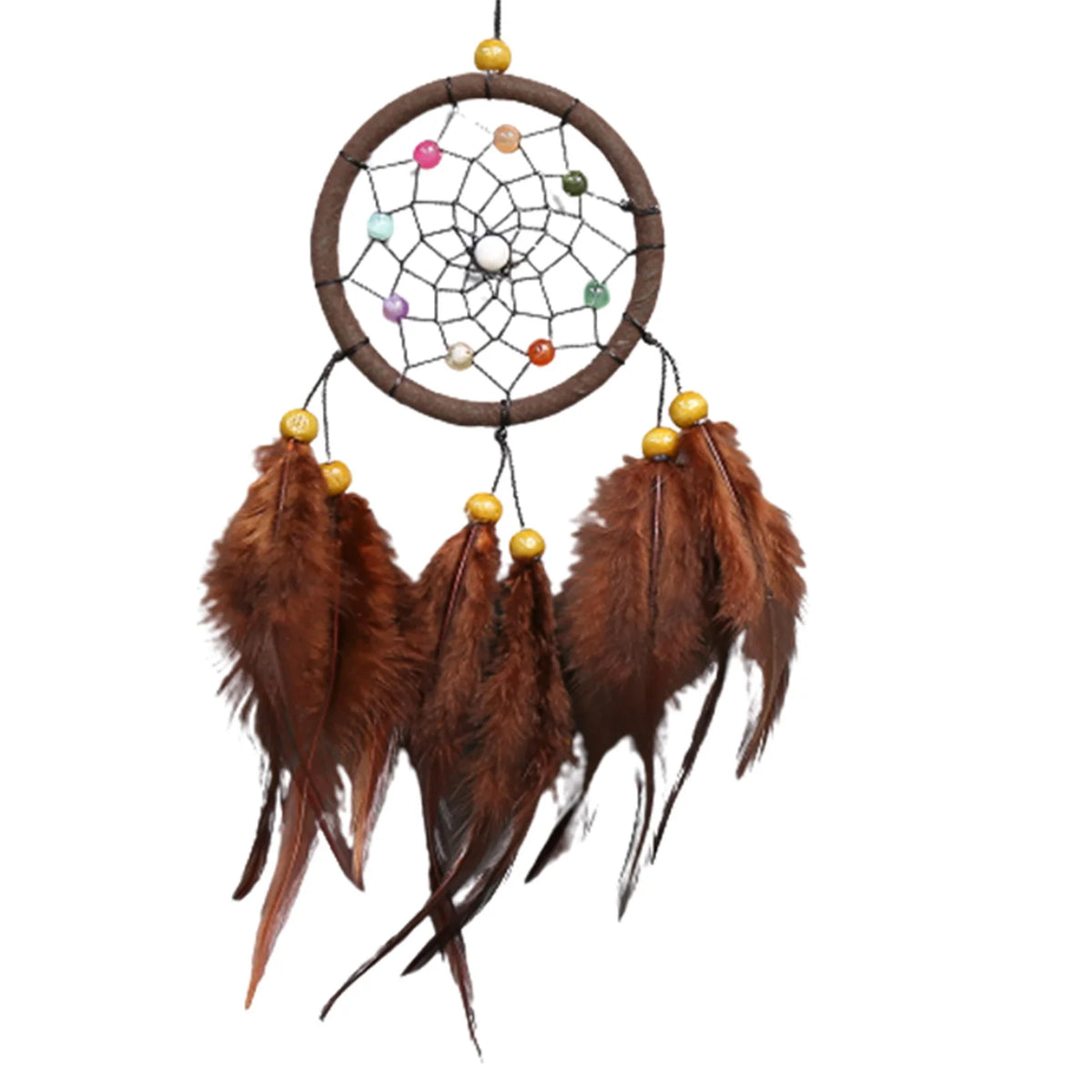 Handmade boho feather dream catcher wall decor with a circular hoop and hanging feathers