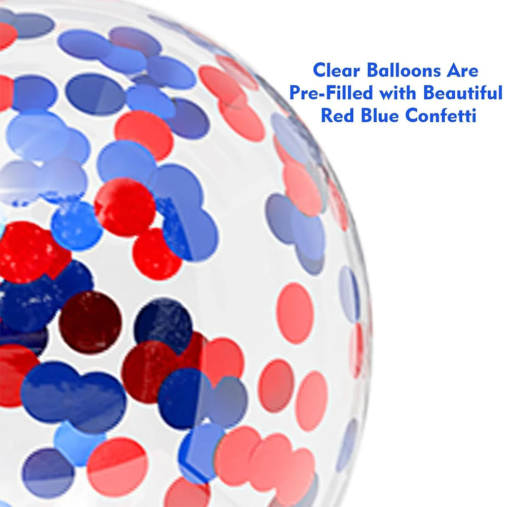 A close-up view of a clear balloon filled with red and blue confetti.