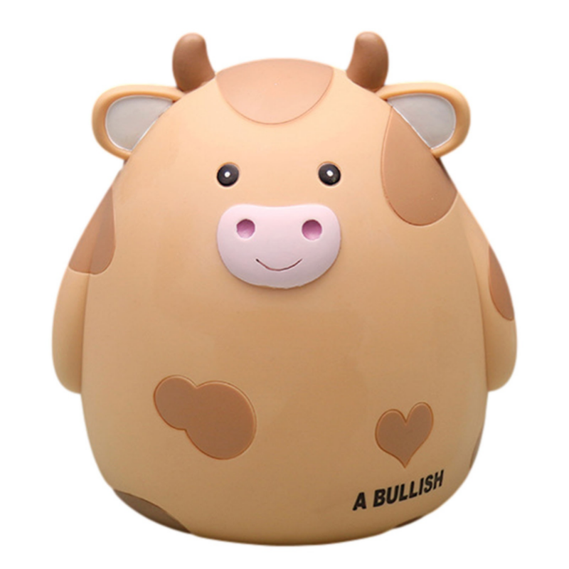 A cute, light brown cow-piggy bank shaped like a cartoon animal with pink features and the text A BULLISH.
