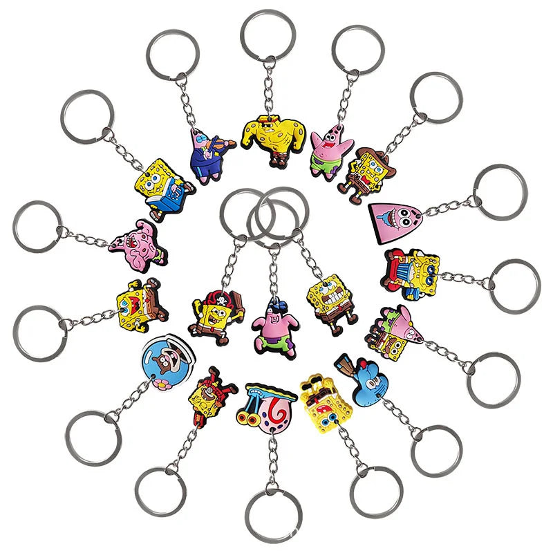 A set of colorful SpongeBob SquarePants cartoon keychains with split rings.