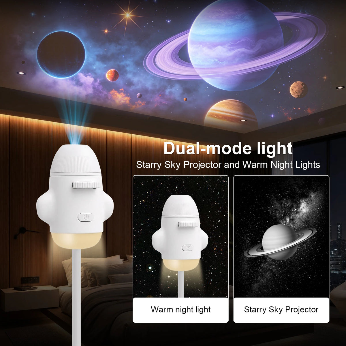 A white dual-mode light fixture projecting a starry sky and emitting warm night light in a bedroom setting.