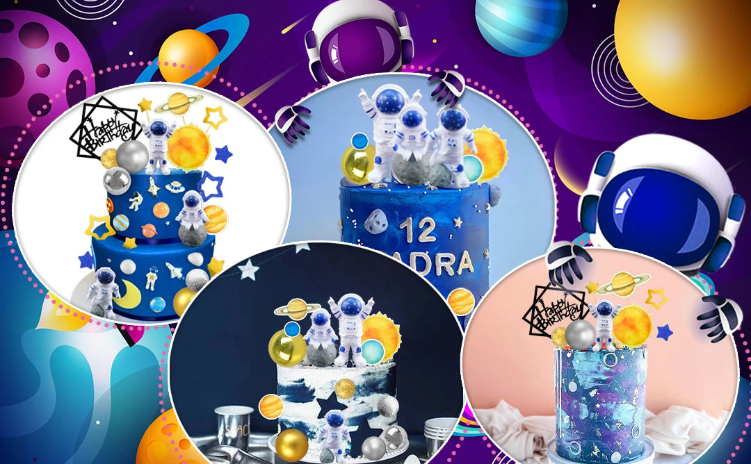 Une décoration de gâteau miniature colorée d'astronautes, avec des figurines comestibles et des thèmes spatiaux.