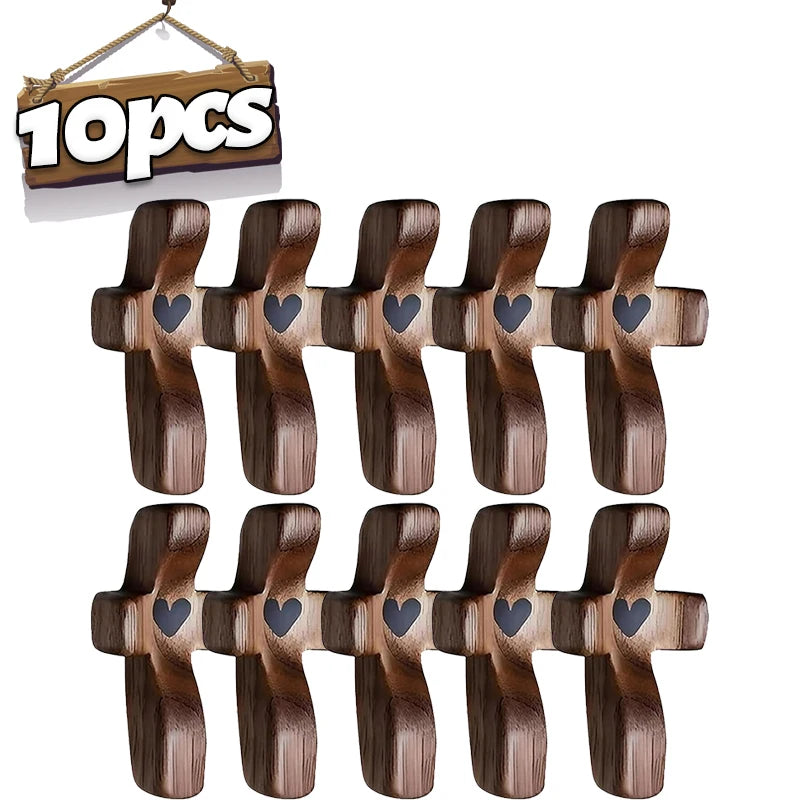 A set of ten wooden pocket crosses for prayer and reflection, featuring a dark brown finish.