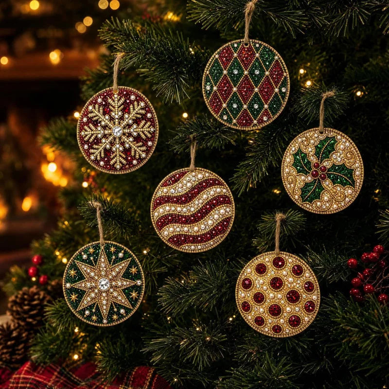 Christmas tree decorated with various diamond painting ornaments including a snowflake, a green and red ornament, and gold ro