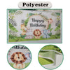 A green and white polyester backdrop featuring a lion theme for a kids birthday party.