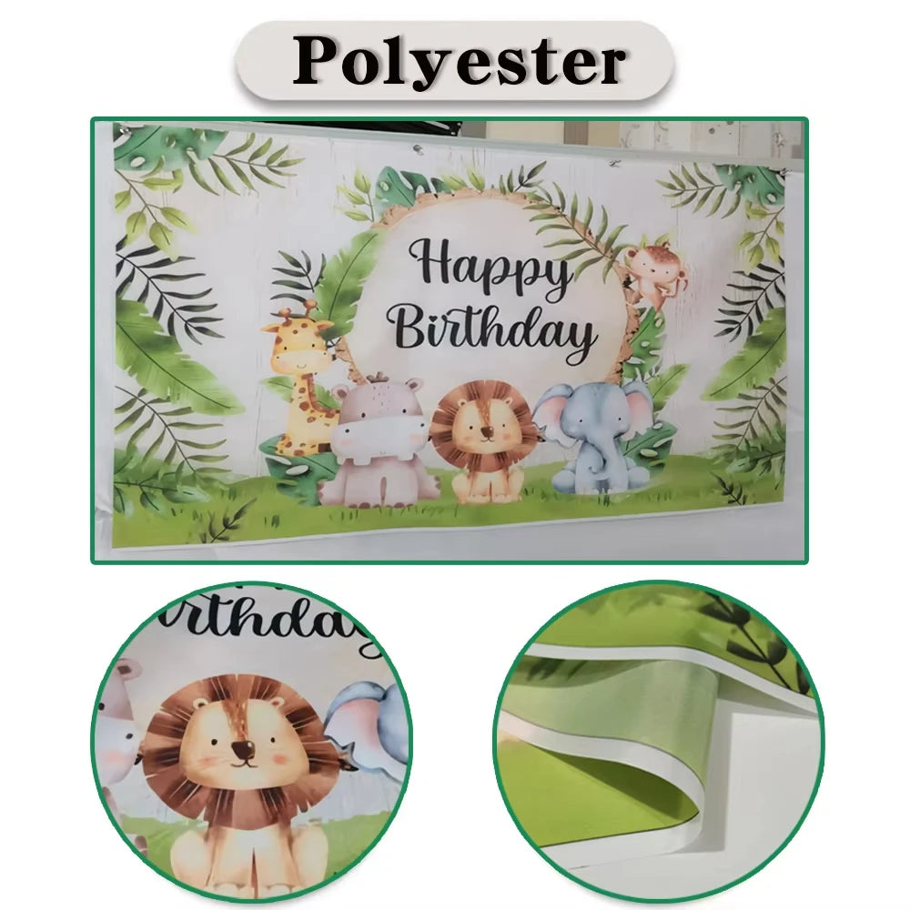 A green and white polyester backdrop featuring a lion theme for a kids birthday party.