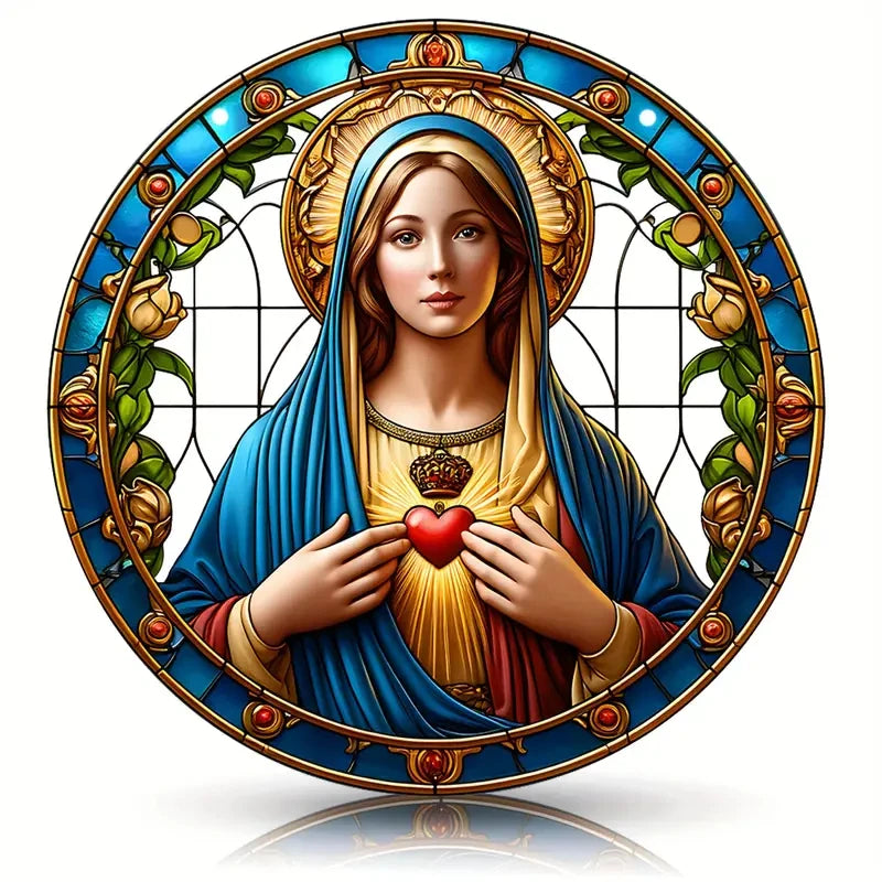 A painting of the Virgin Mary with a halo, wearing blue and gold robes, holding a red heart, set in an ornate circular frame.