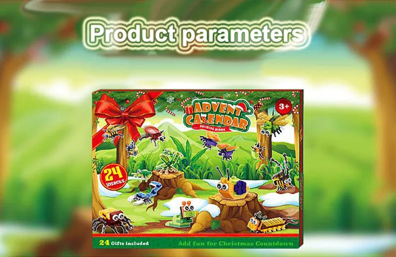 A box for the Advent Calendar building blocks featuring jungle animals and Christmas themes.