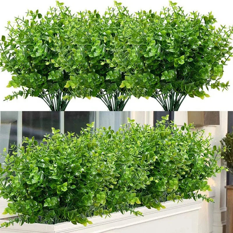 Plante d'eucalyptus artificielle vert luxuriant avec un feuillage dense, présentée en deux vues.