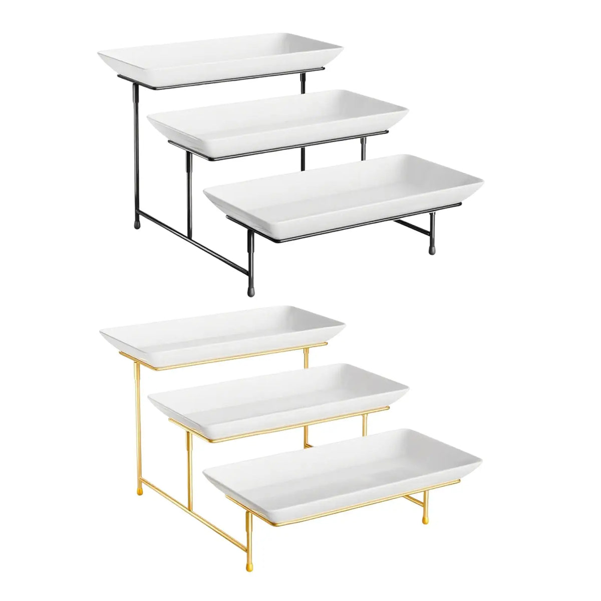 A set of three rectangular serving platter stands, two black and one gold, displayed against a white background.