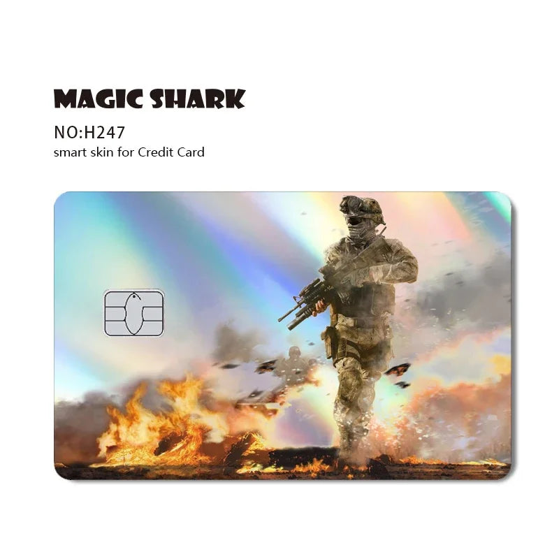 A credit card skin featuring a soldier in tactical gear against a dramatic, fiery background with a rainbow effect.