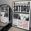 A poster featuring the title SATORU from Jujutsu Kaisen Anime, displayed next to a circular display stand.