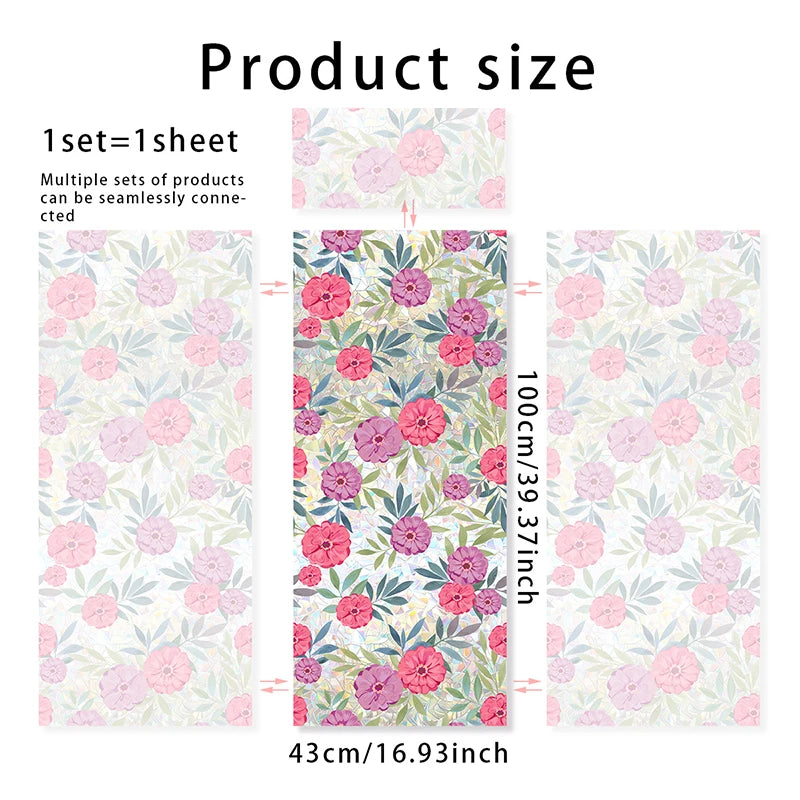 A set of botanical print static cling window film sheets showing various pink and purple floral patterns.
