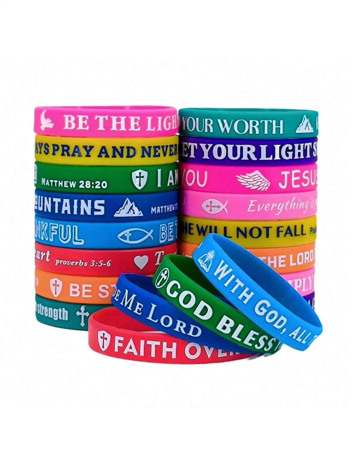 A set of twenty colorful silicone bracelets featuring inspirational Bible verses and phrases.