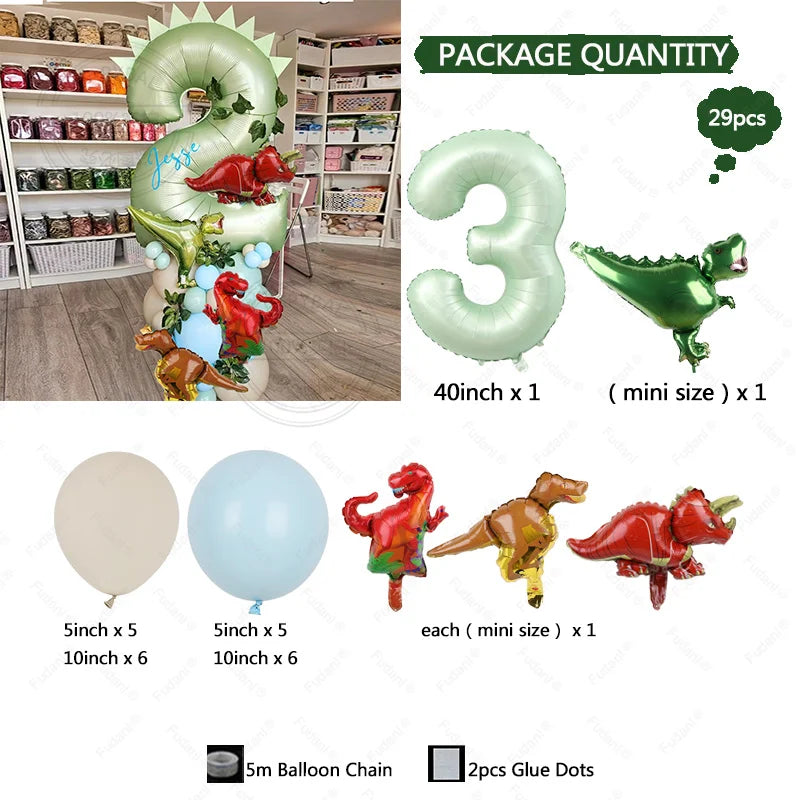 Paket mit Dinosaurierballons, großer Zahl 3, kleinen Ballons und Klebestift-Punkte.