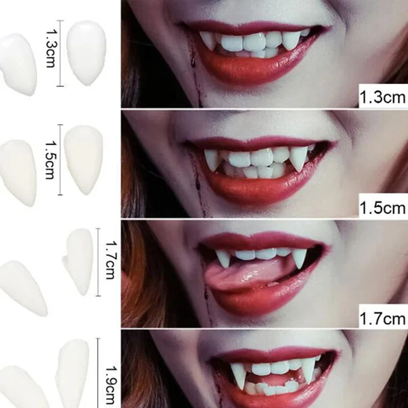 Eine Reihe von weißen Vampir-Fang-Zahnersatz-Props in verschiedenen Größen, von 1,3 cm bis 1,9 cm.