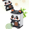 A black and white piggy bank with a fingerprint lock mechanism is shown next to its disassembled parts.