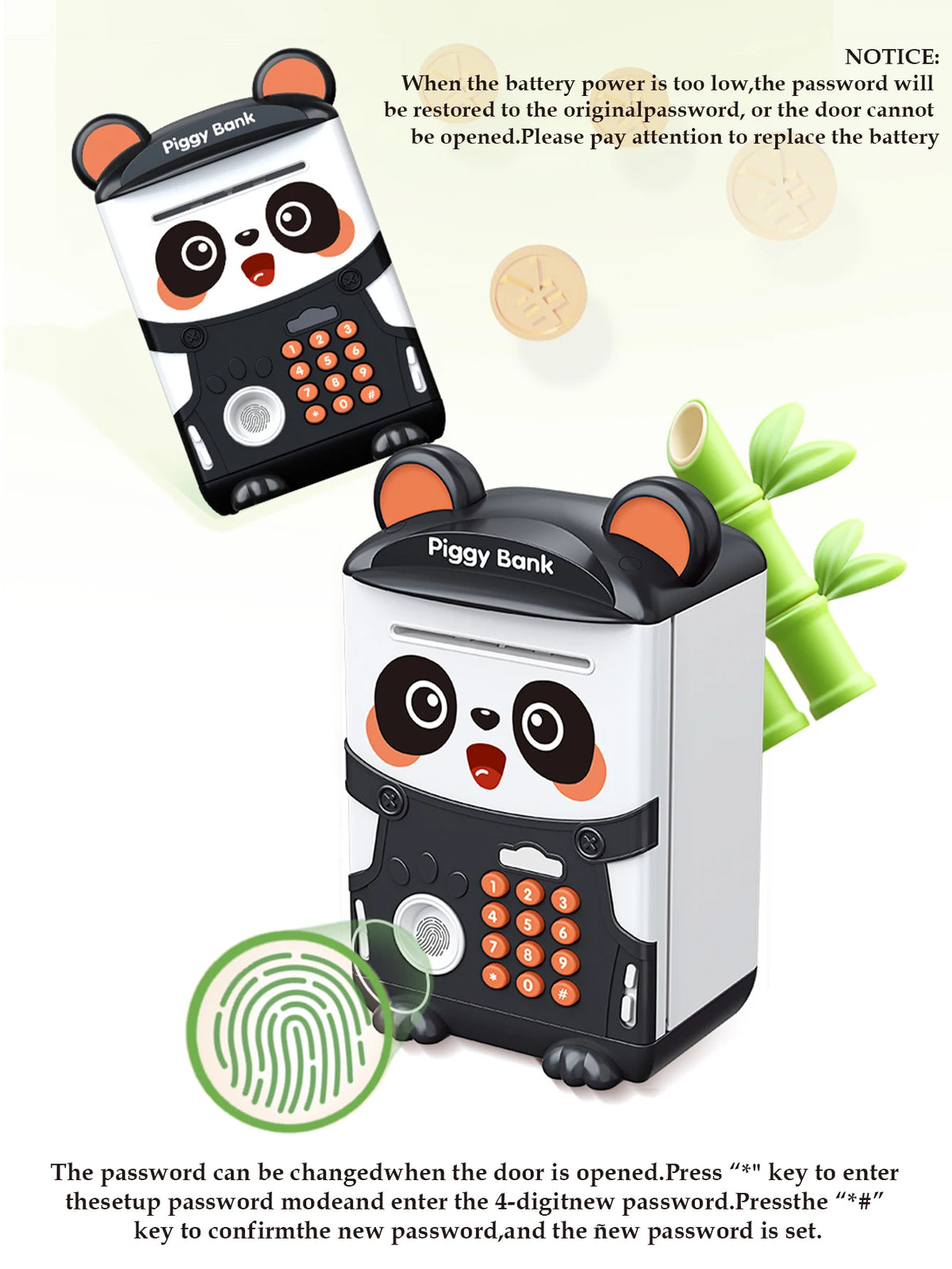 A black and white piggy bank with a fingerprint lock mechanism is shown next to its disassembled parts.