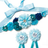 Light blue floral maternity sash and corsage pin set with a satin ribbon bow