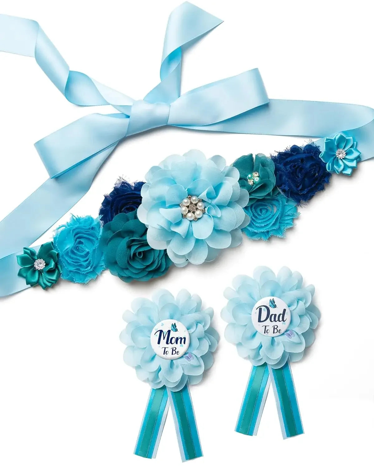 Light blue floral maternity sash and corsage pin set with a satin ribbon bow