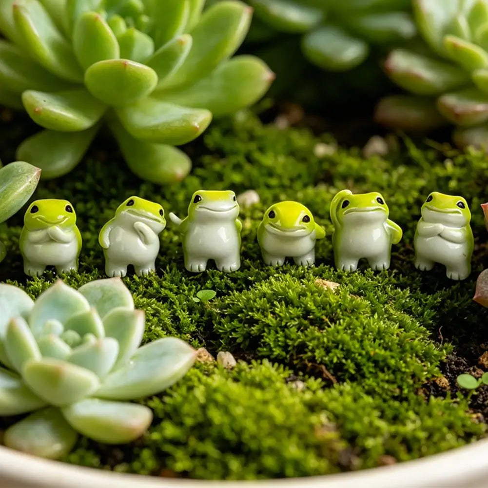 A set of six cute mini resin frog figurines sitting on bright green moss and succulent plants.