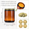 Amber glass jar with metal lid and four blank label stickers shown next to the jar.