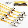 A collection of 10 plastic whistles with yellow lanyards is displayed on a white background.
