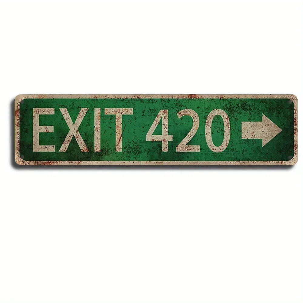 A rectangular, distressed green metal street sign with the text EXIT 420 and an arrow pointing to the right.