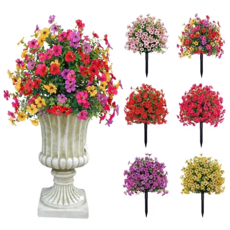 A collection of artificial flowers in various shades of pink, red, and yellow arranged in decorative pots.