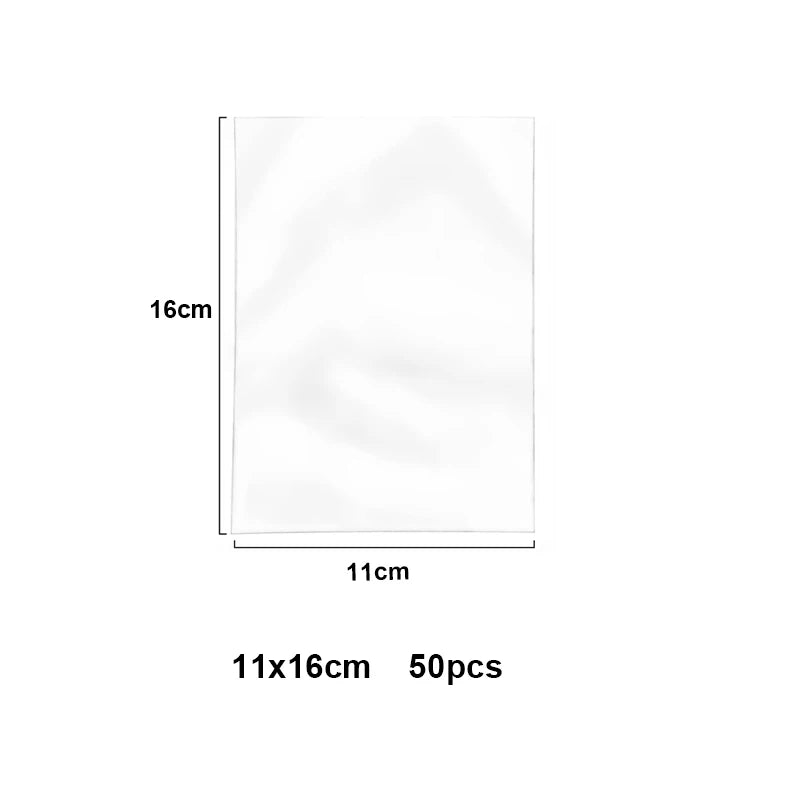 A rectangular clear cellophane treat bag measuring 11cm by 16cm with wire ties.