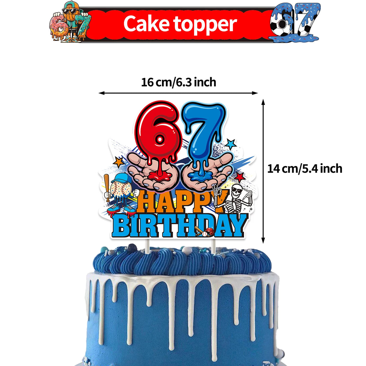 A cake topper featuring the number 67 and happy birthday text on a blue and white background