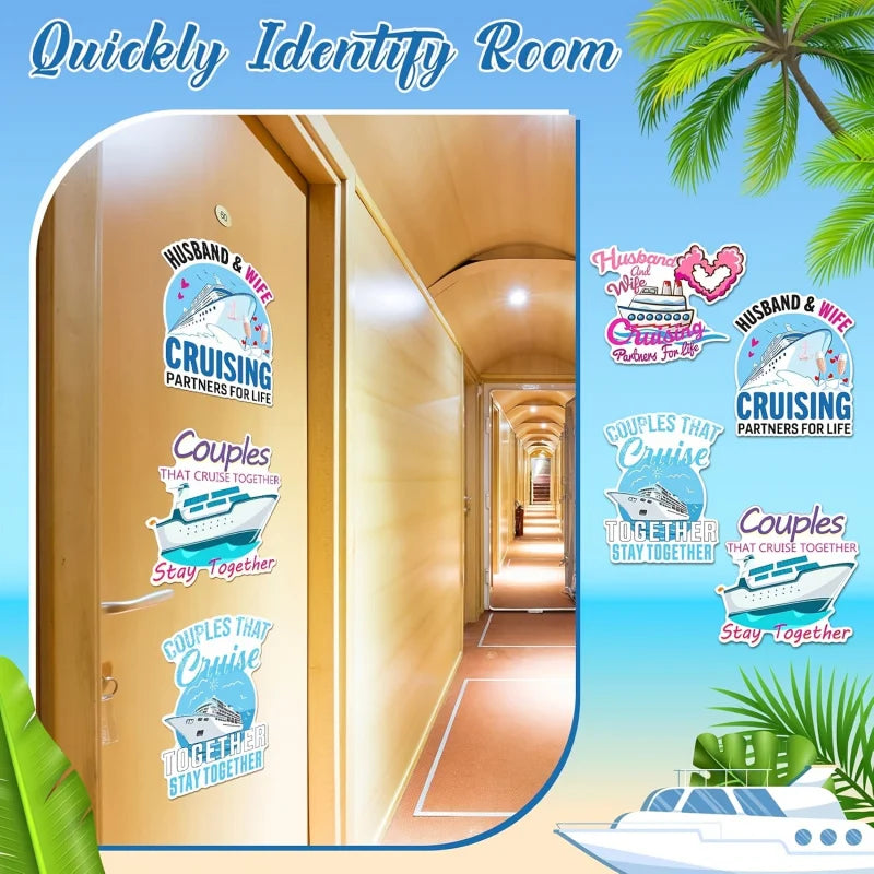 A set of magnetic cruise door decorations featuring couples and ships for identifying rooms.