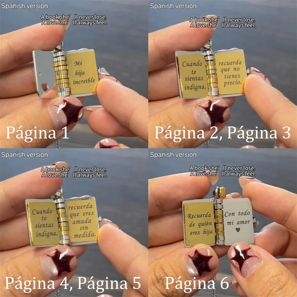 Six images showing an openable book pendant necklace with engraved messages on different pages