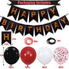 Black and gold birthday party decoration set including banner, balloons, and confetti
