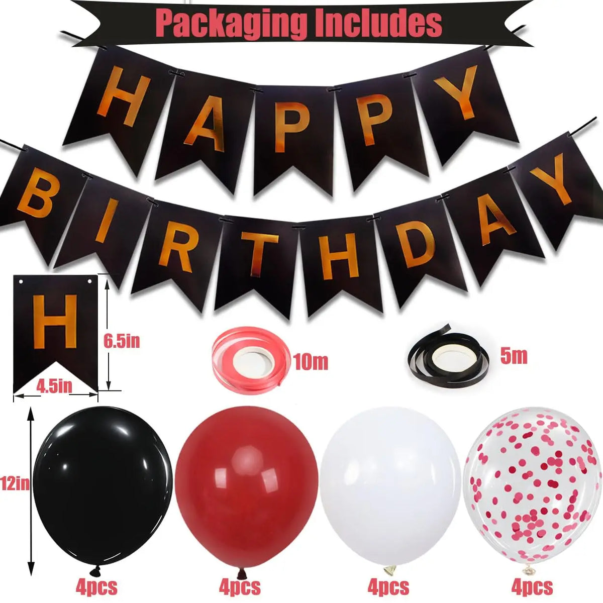 Black and gold birthday party decoration set including banner, balloons, and confetti