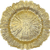 Elegant gold charger plates with a textured, sunburst design.