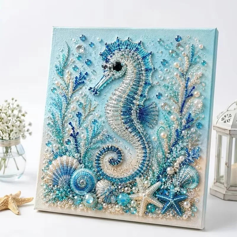 Diamond painting featuring a blue and white sea serpent or dragon made of pearls and crystals