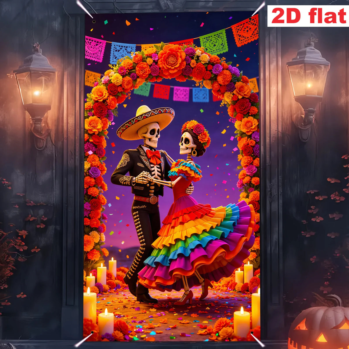 A vibrant 2D flat illustration of a female skeleton dressed in colorful Mexican-style attire surrounded by an orange floral a