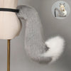 A gray faux fur fox tail and ear costume set is displayed next to a mannequin torso.