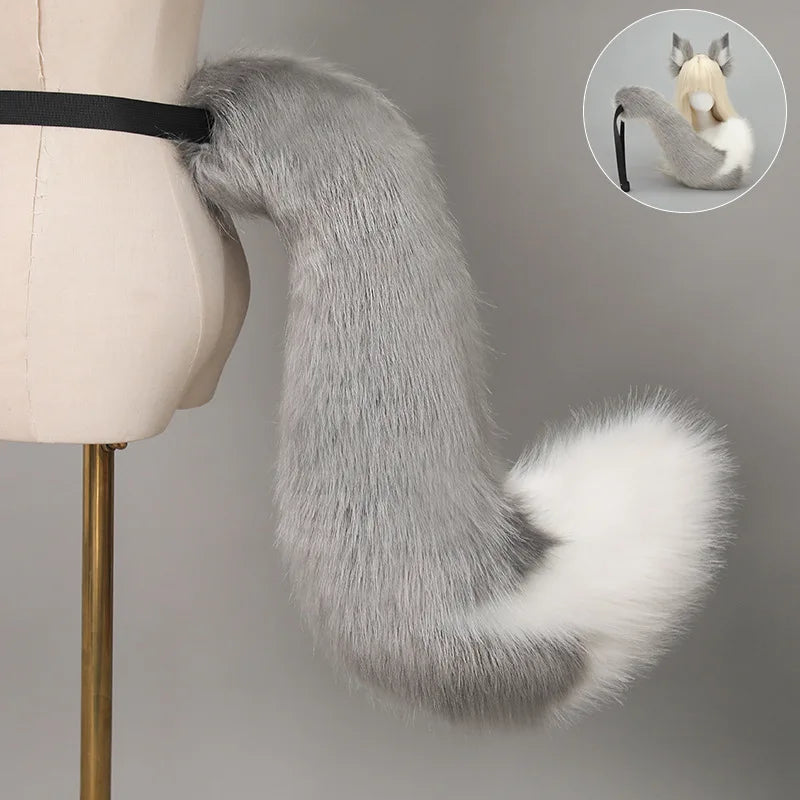 A gray faux fur fox tail and ear costume set is displayed next to a mannequin torso.